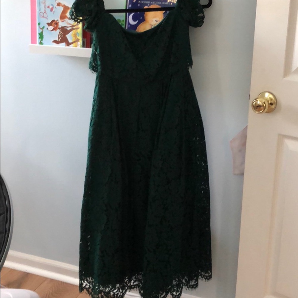 Hunter green off shoulder lace midi dress